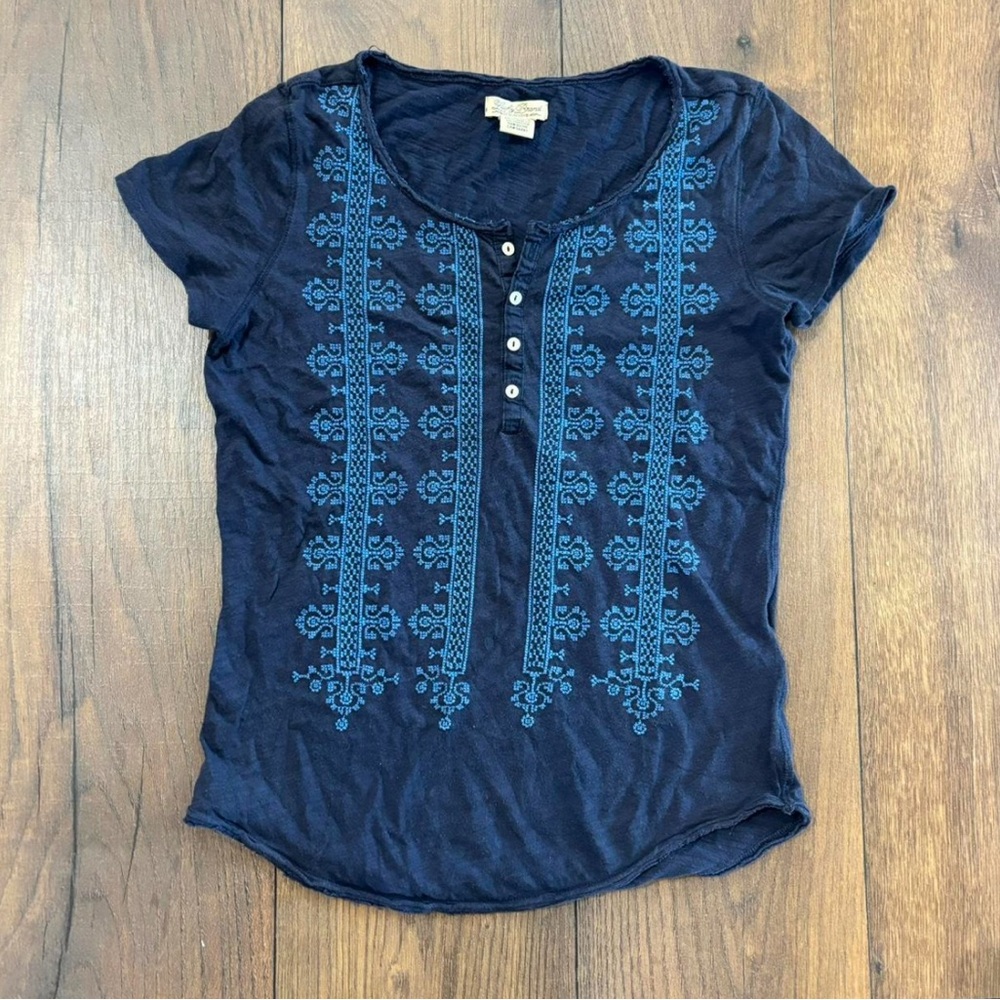 Lucky Brand Navy Blue Embroidered Women's Top